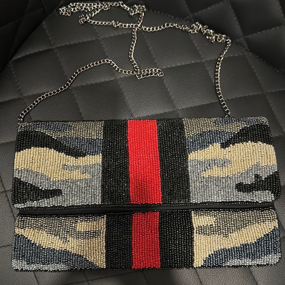 Beaded Camo clutch, chain strap new purse